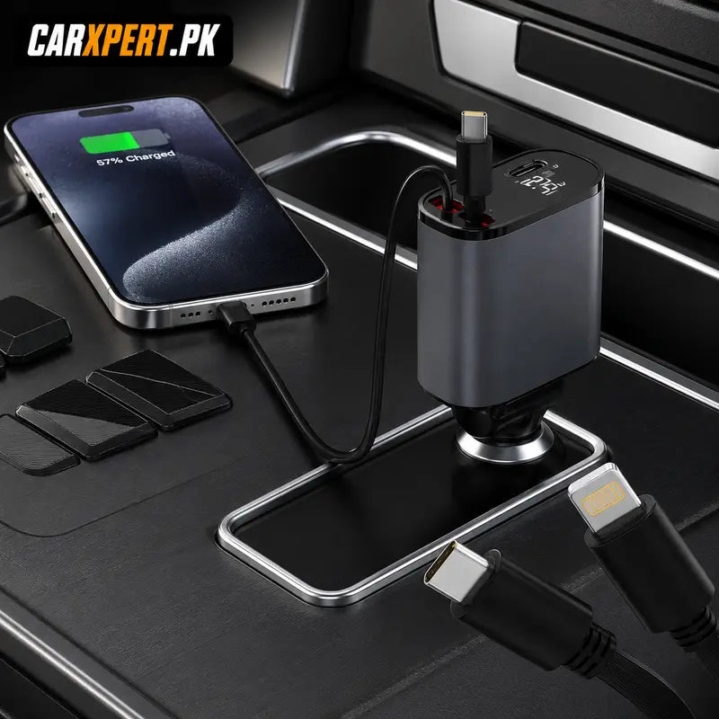 120W 4-in-1 Retractable Fast Car Charger | Dual Type-C & USB Adapter