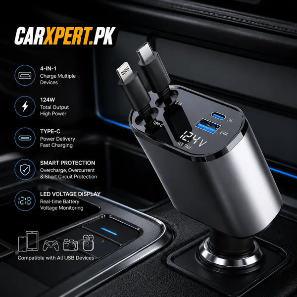 120W 4-in-1 Retractable Fast Car Charger | Dual Type-C & USB Adapter