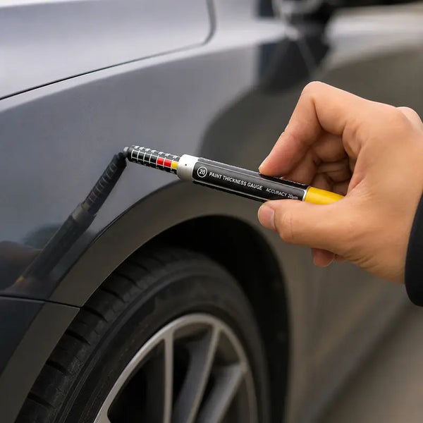 A close-up of a hand holding a paint thickness gauge against the wheel well of a gray car, showing the tool in use.