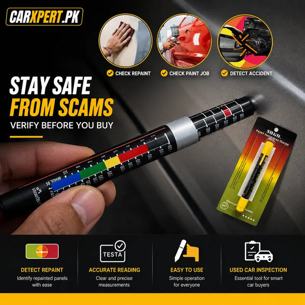 A hand holds a Marji paint defect detector pen against a car door, with a retail card of the same pen shown beside it. The ad includes circular inset photos showing use cases like checking paint, paint job, and detecting accidents, plus marketing text such as 'STAY SAFE FROM SCAMS' and feature icons at the bottom.